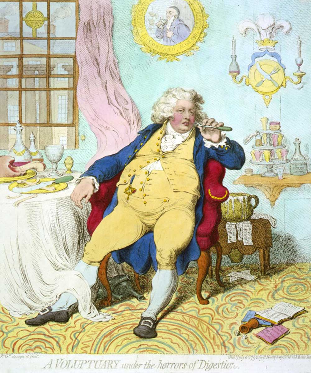 A cartoon on the Prince of Wales having overeaten and suffering the horrors of digestion