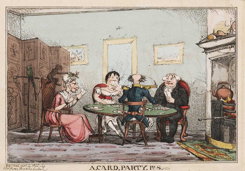A cartoon on four people playing cards at a card party, with some cheating going on.