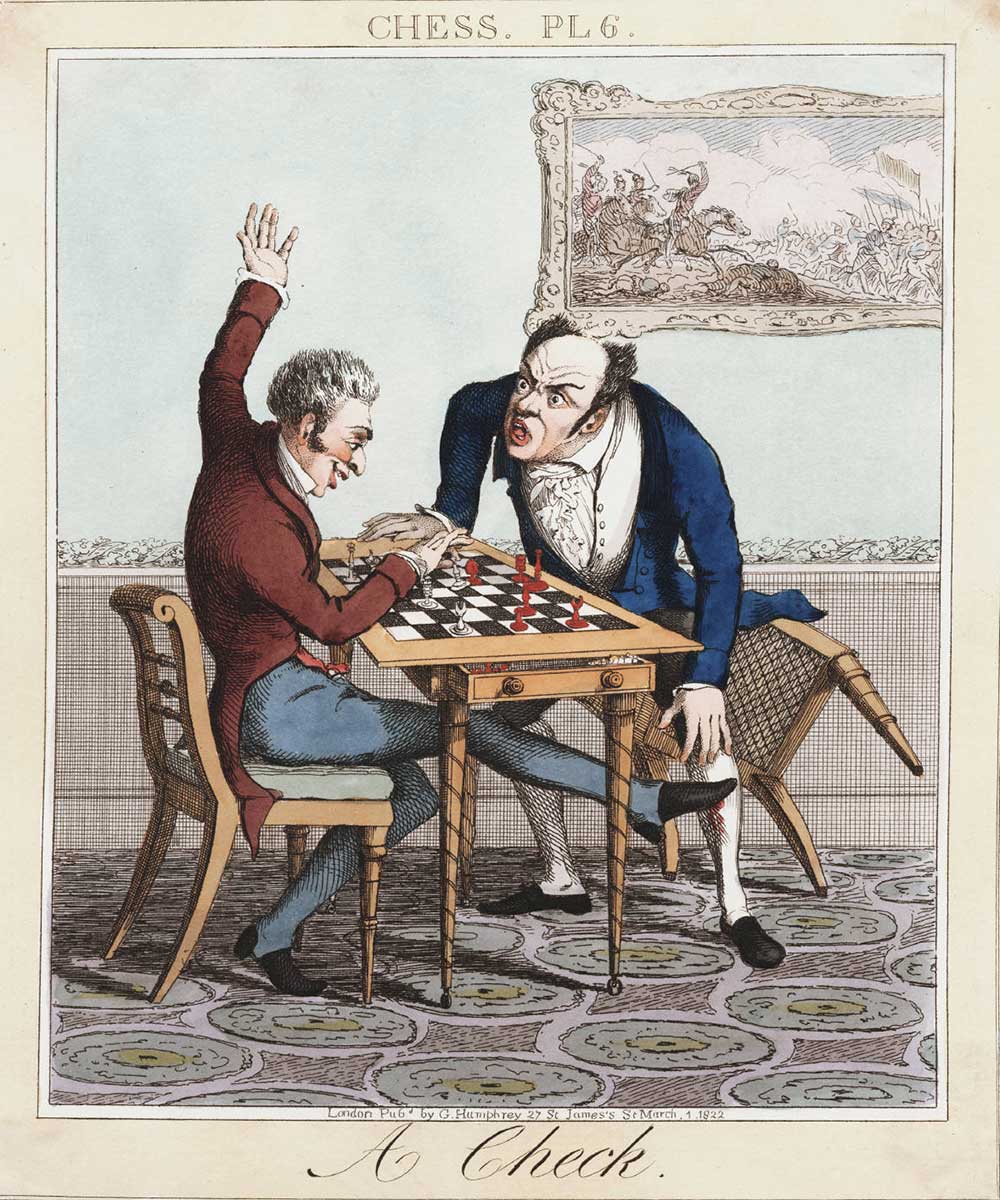 A cartoon on two gentleman at a game of chess. One being victorious with a checkmate, the other angry at losing.