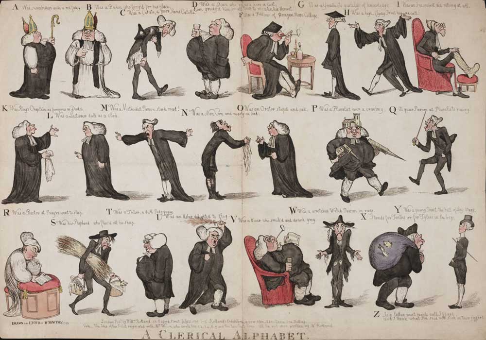 A cartoon on a variety of members of the clergy. Priests, parsons, bishops and more.