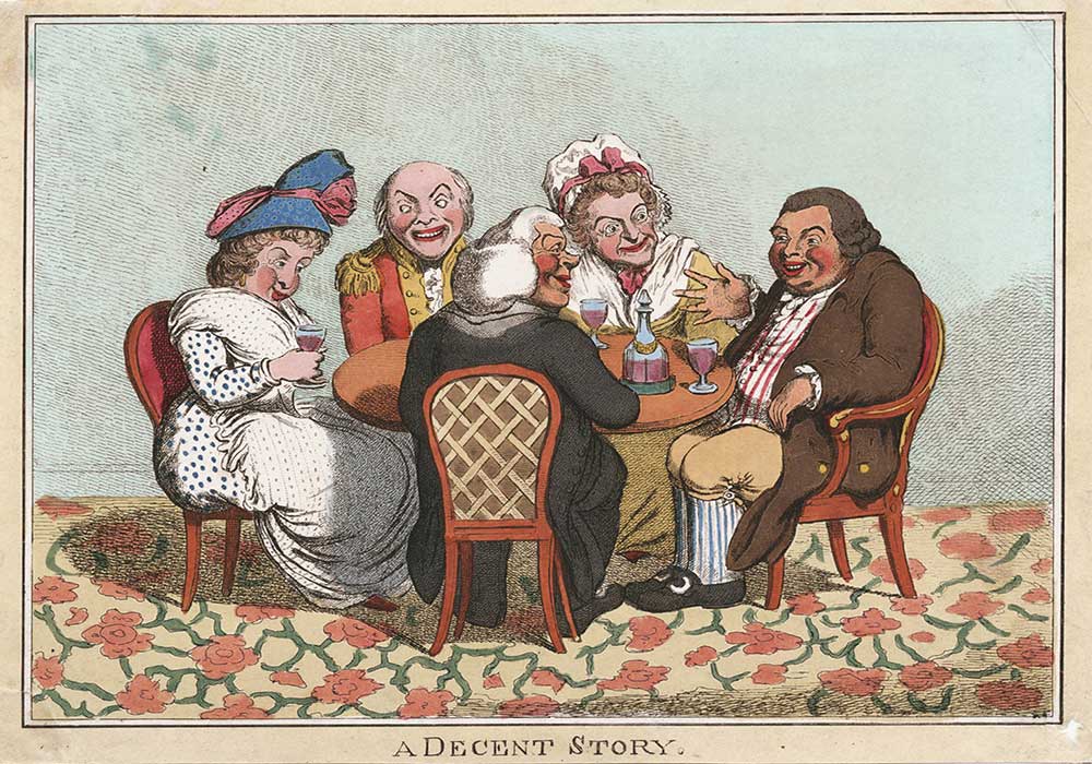 A cartoon on a man telling a decent story to his table-companions