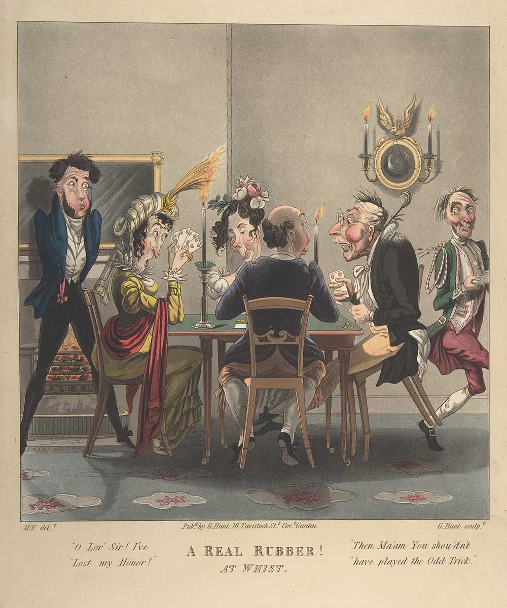 A cartoon on a thrilling game of cards, setting a lady player's fashionable hat on fire and shocking the others.