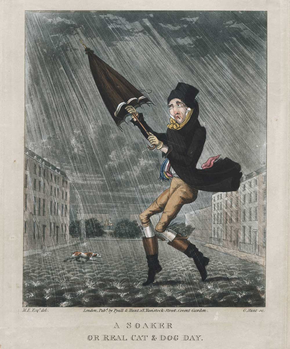A cartoon on a man walking in cat and dog day weather getting soaked whilst trying to open his umbrella