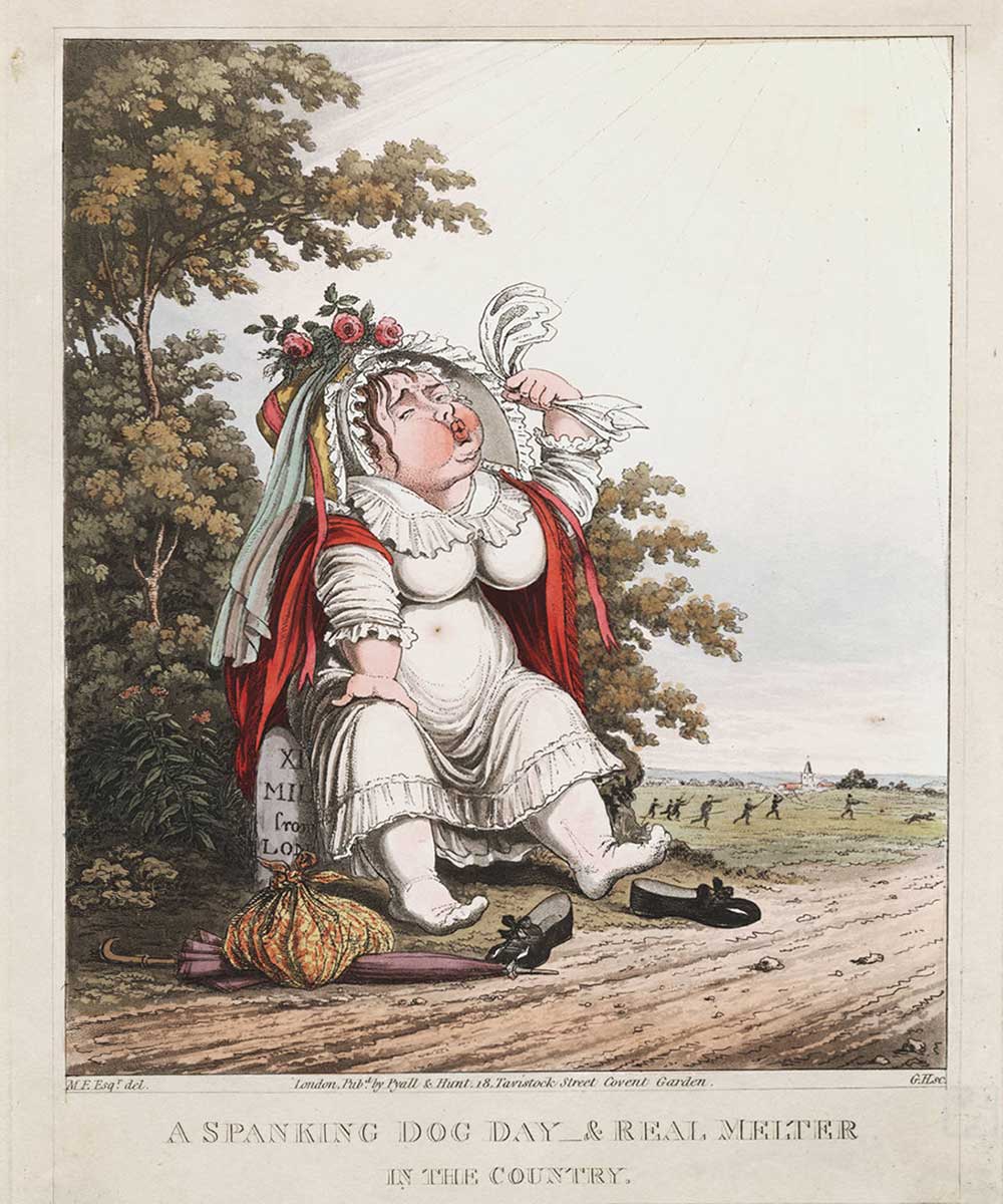A cartoon on an overheated lady talking a rest from a walk in the country on a very hot day