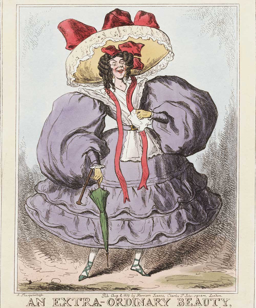 A cartoon on an extra-ordinary beauty, or rather it's opposite. A lady all dressed up in a nice dress and hat, but she herself isn't such a beauty