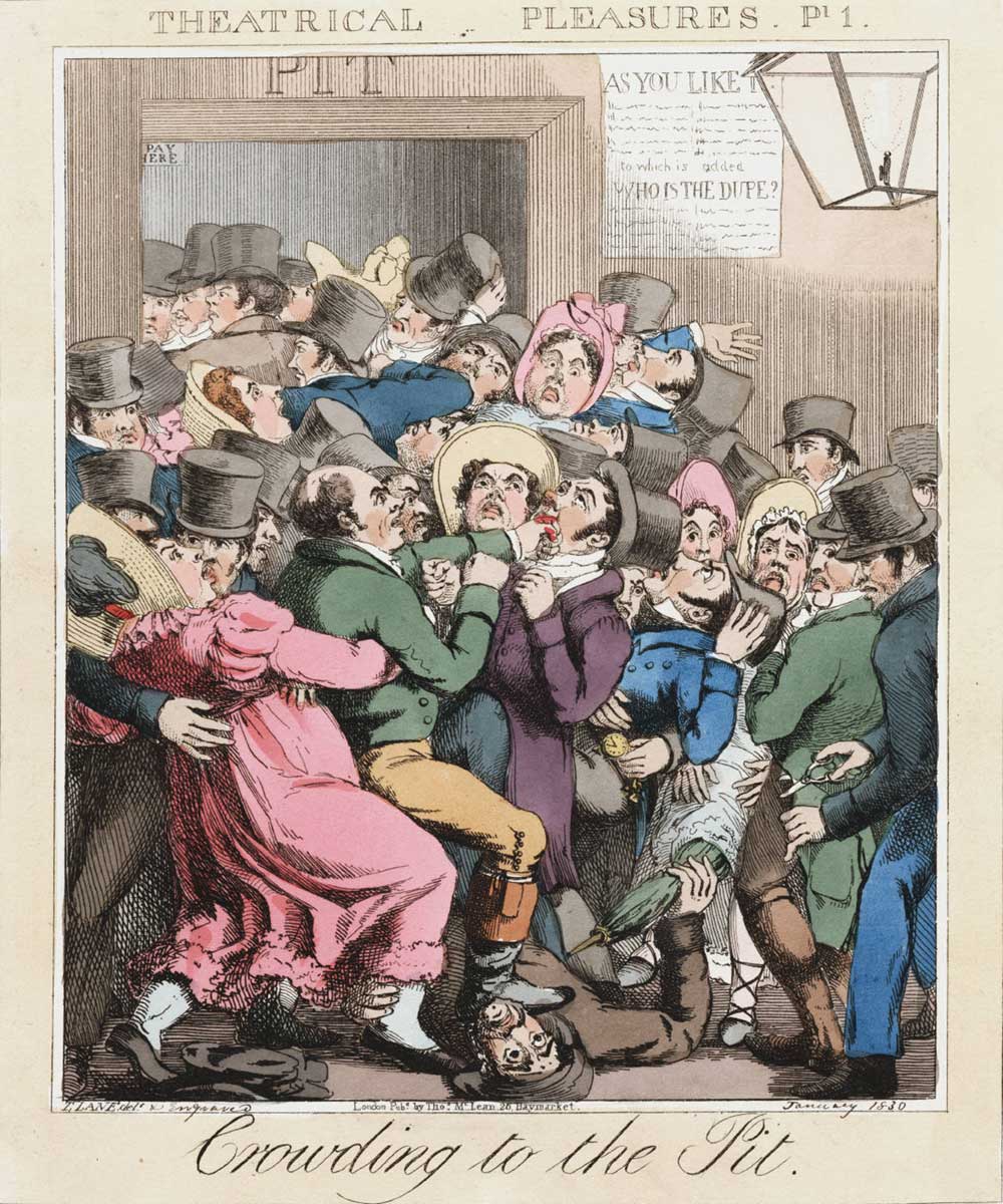 A cartoon on people crowding to the pit, or cheap section of the theater.