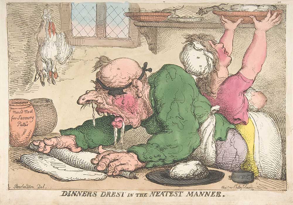 A cartoon on a gross looking snotty cook preparing dinner in a very dirty kitchen with the help of a half dressed maid