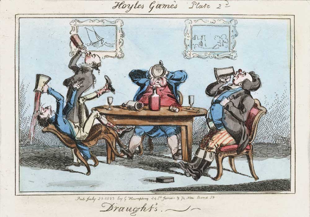 A cartoon on three men having a draught and getting drunk