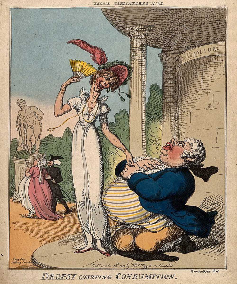 A cartoon on an obese man courting a tall skinny woman, representing dropsy and consumption