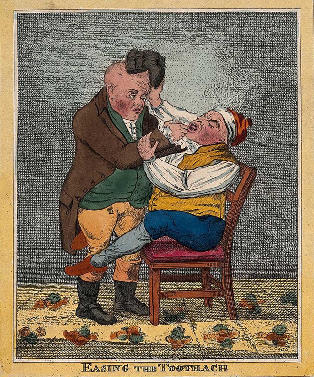A cartoon an a tooth-drawer easing the toothache of his patient, who is in such pain that he pulls the tooth-drawers wig off.