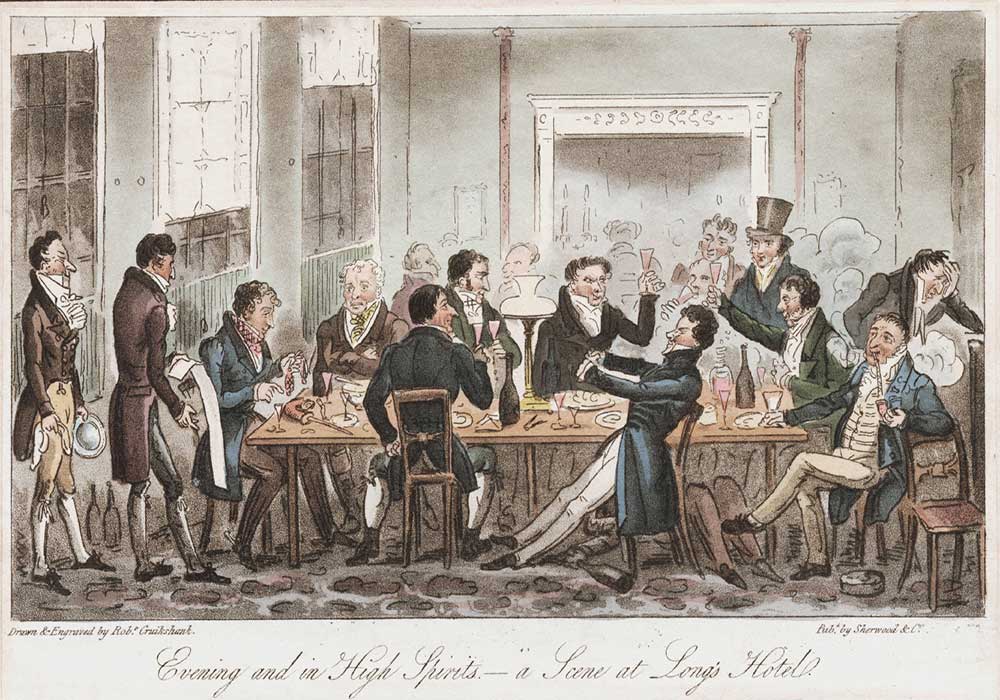 A cartoon on a group of men in high spirits, enjoying some food an drinks.