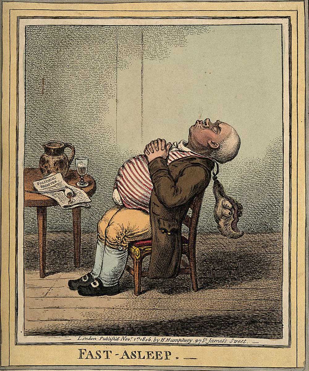 A cartoon on a man fast asleep after having a drink, his wig dangling