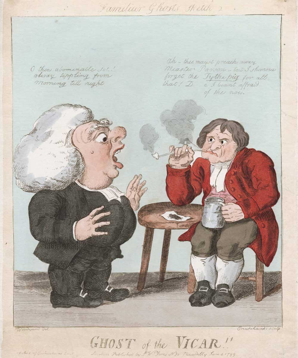 A cartoon on a vicar admonishing one of his parishioners for excessive drinking.