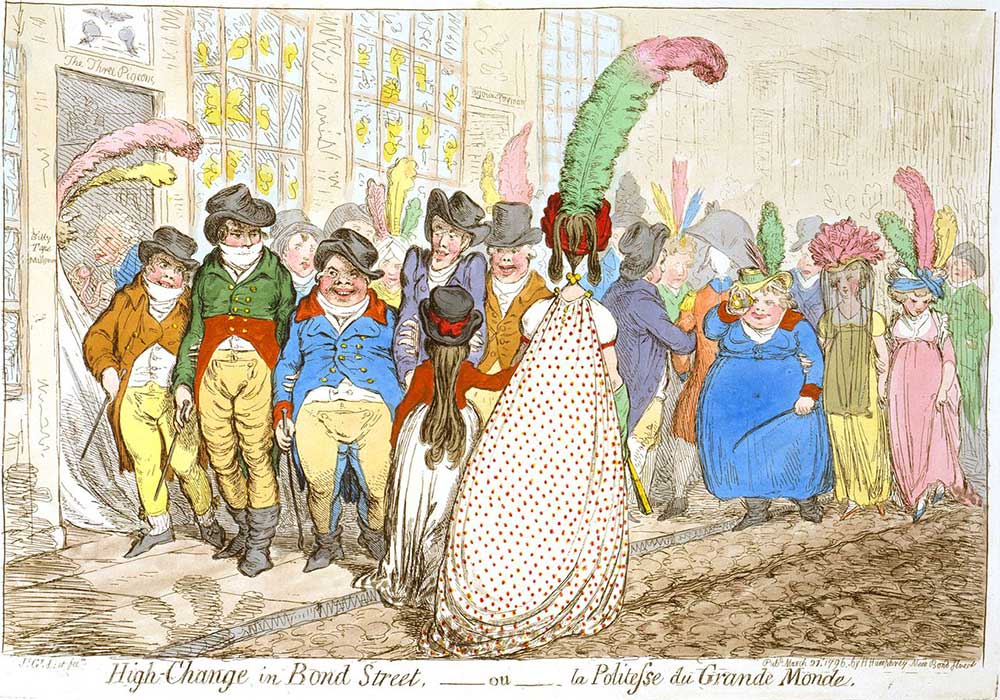A cartoon on fashionably dressed pedestrians in London. Ladies wearing hats with outrageously high feathers on top