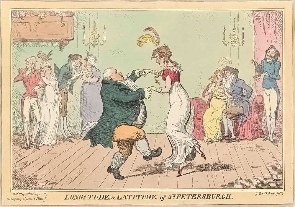 A cartoon on a fat man and a skinny lady dancing together at a ball
