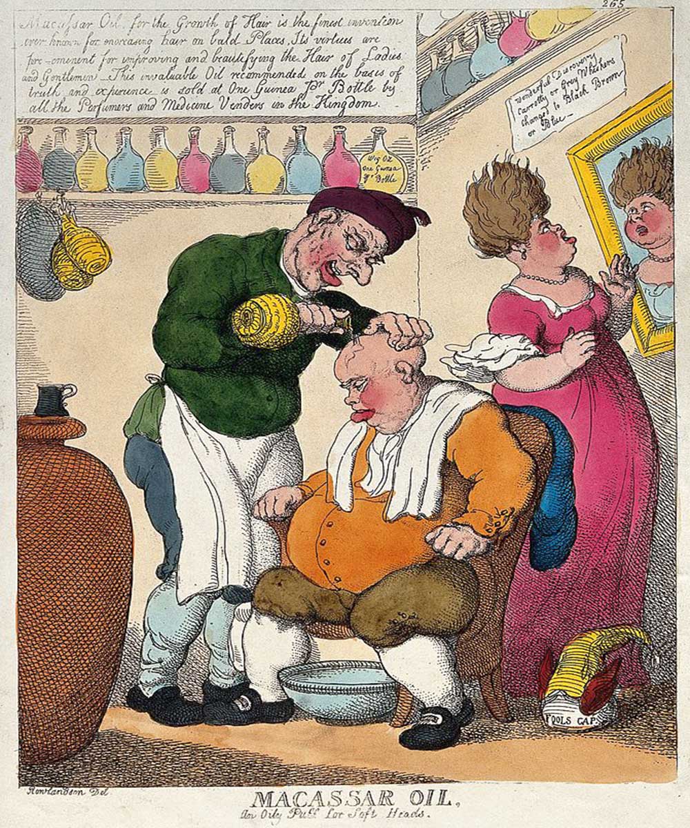A cartoon on a cure for baldness. A shopman pours Macassar oil on a bald men's head and a women looks at her hair in shock
