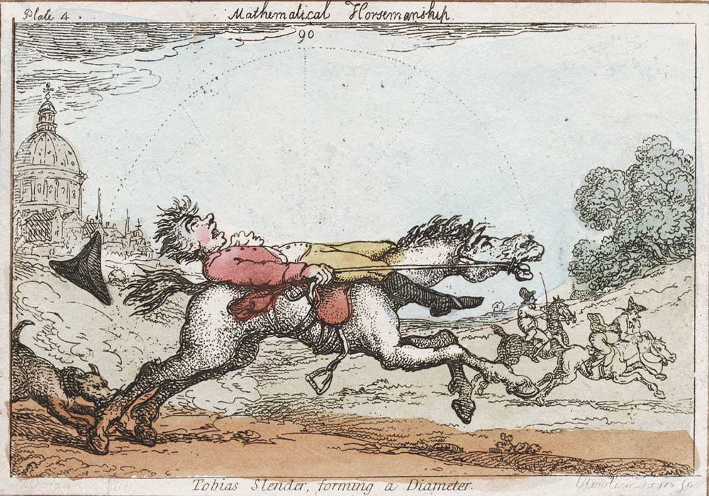 A cartoon on horsemanship. A horse rider trying to keep control over his bolting horse.