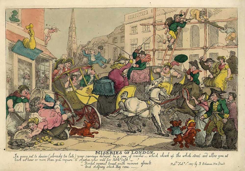 A cartoon on an overcrowded and chaotic London with road rage in the streets and ensuing accidents