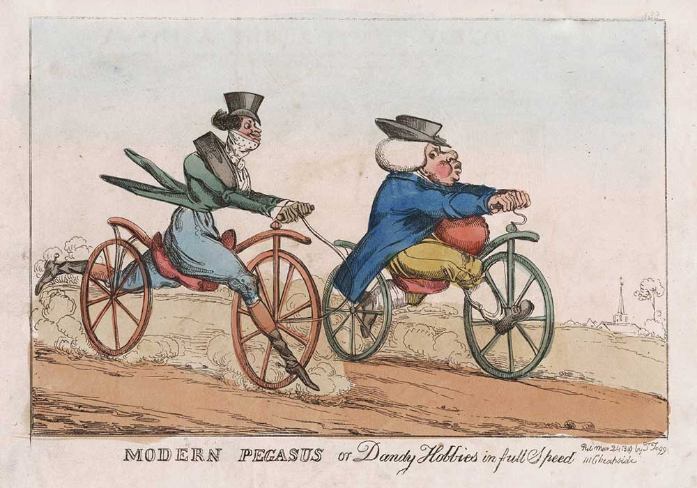 A cartoon on a dandy overtaking a fat man at full speed on bicycles