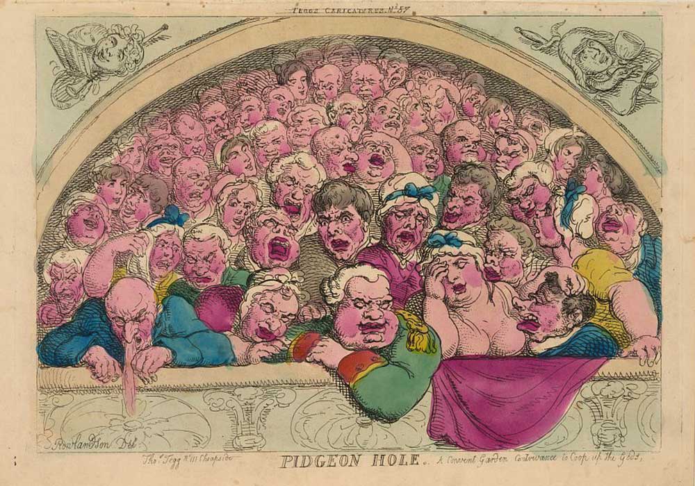 A cartoon on audience in an overcrowded theater box