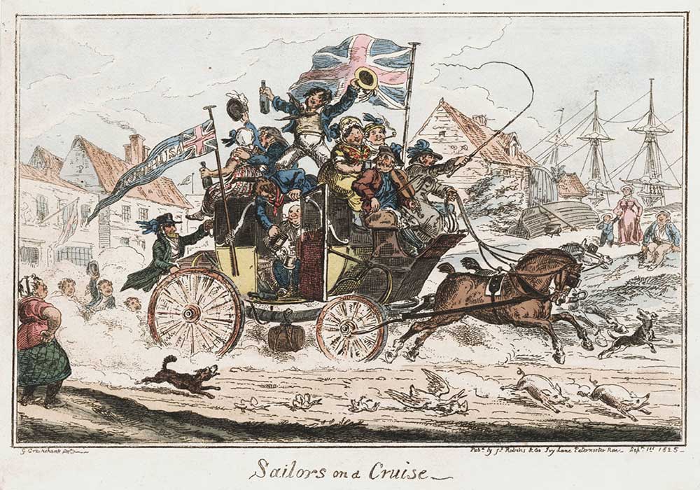 A cartoon on a group of rowdy British sailors having a good time on a coach 