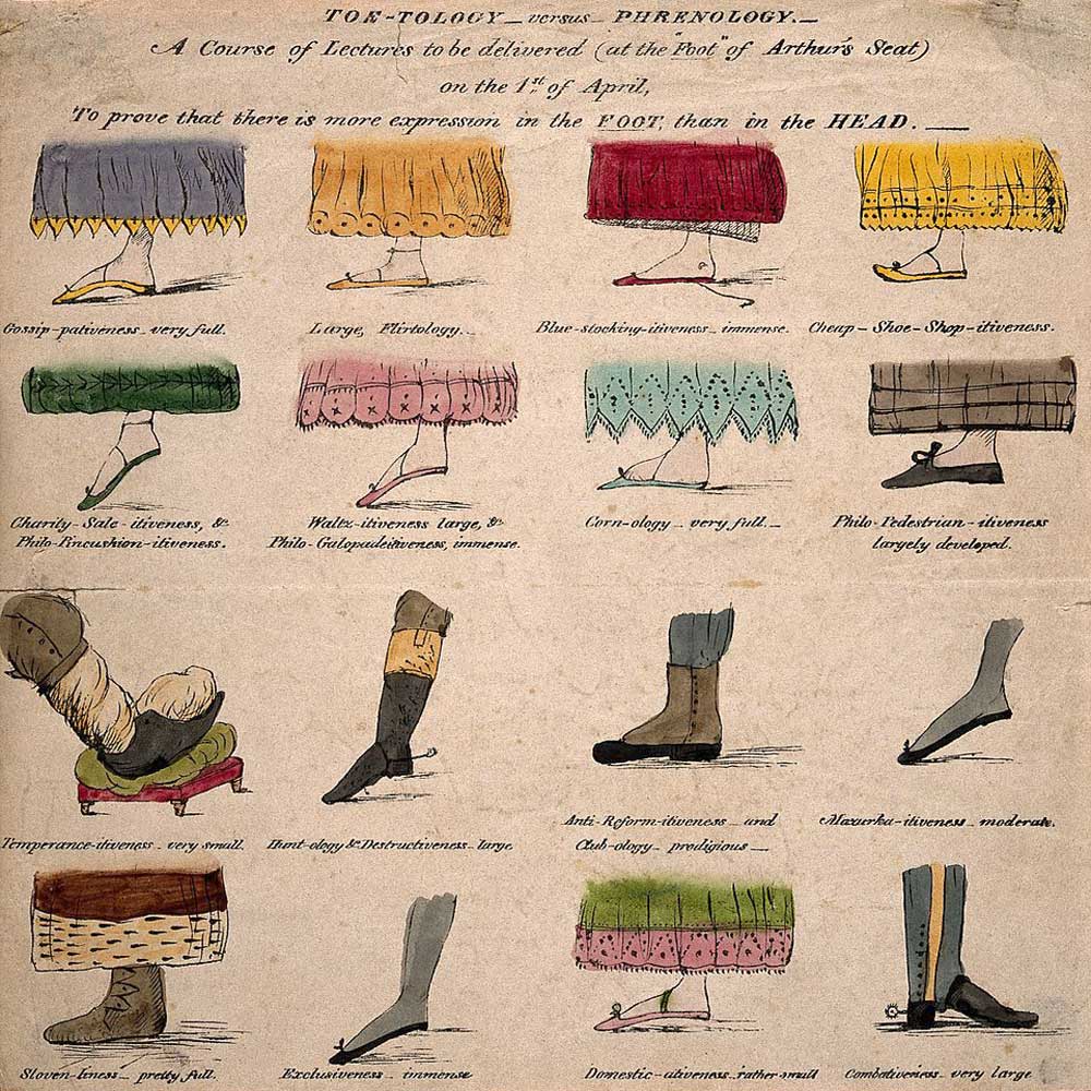 Cartoon on sixteen different types of feet and fashion