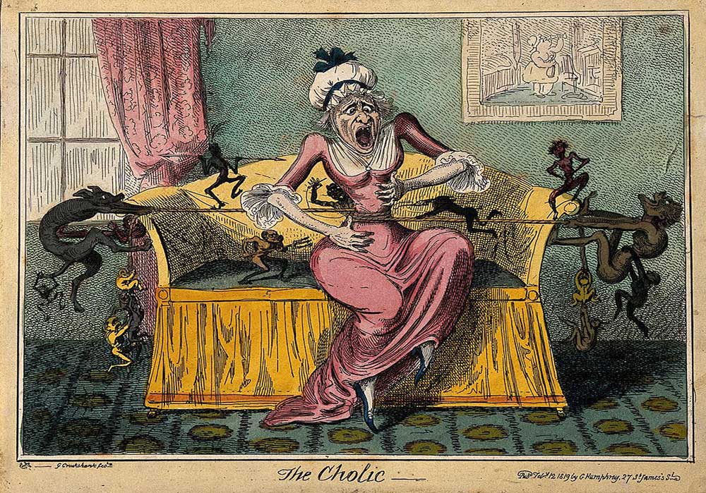A cartoon on a woman in pain of cholic. Little devils tugging at her stomach. Notice the picture on the wall depicting a woman drinking.