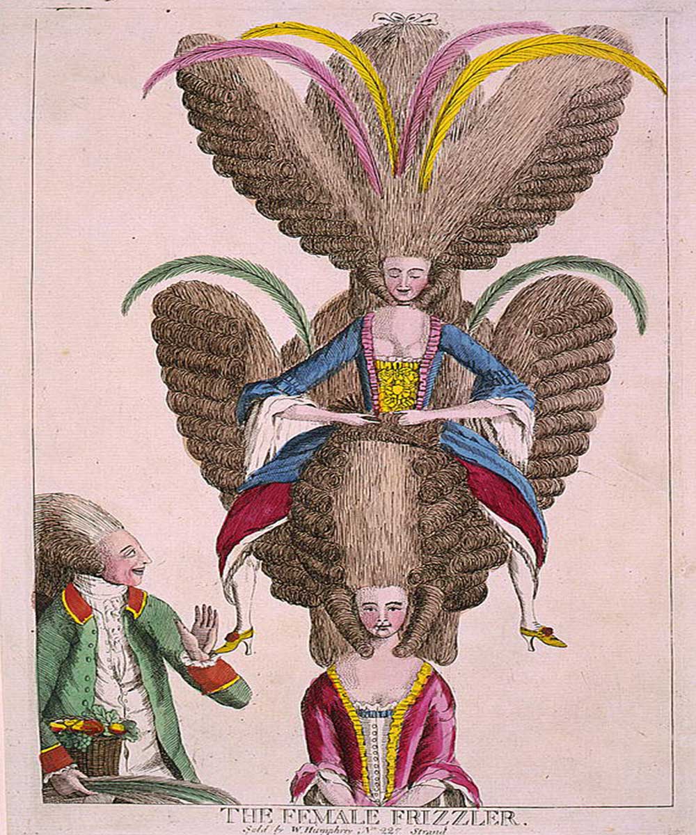 A cartoon on a female hairdresser, curling the hair of an enormous wig of a lady whilst sitting on top