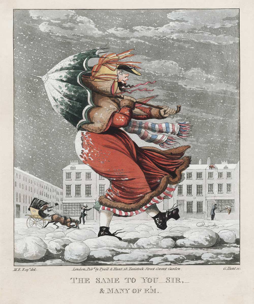 A cartoon on a woman walking in a snowstorm with an umbrella for protection, wearing snow boots.