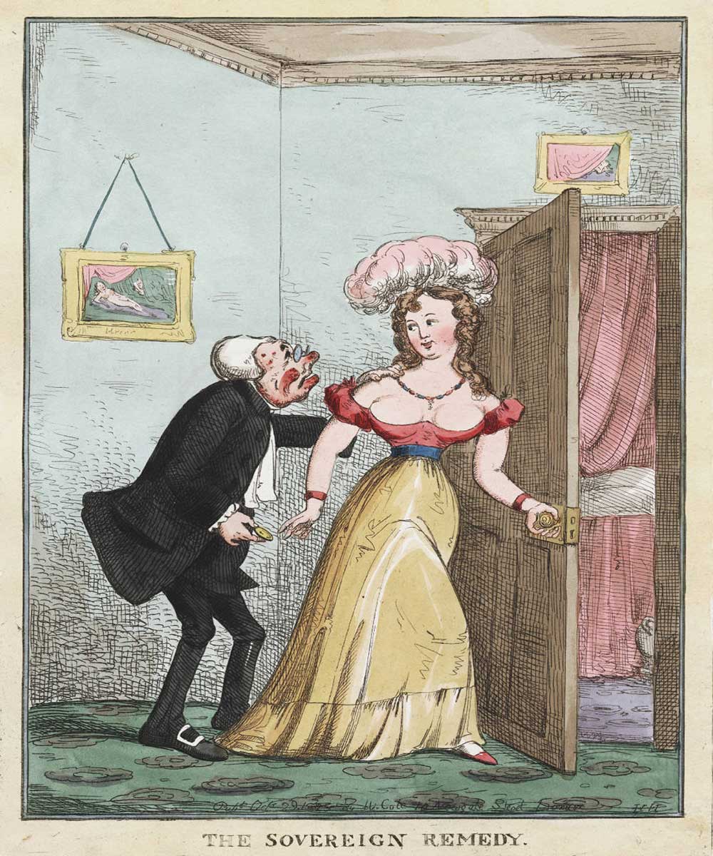 A cartoon on a prostitute taking a sovereign from an old man before leading him into her room