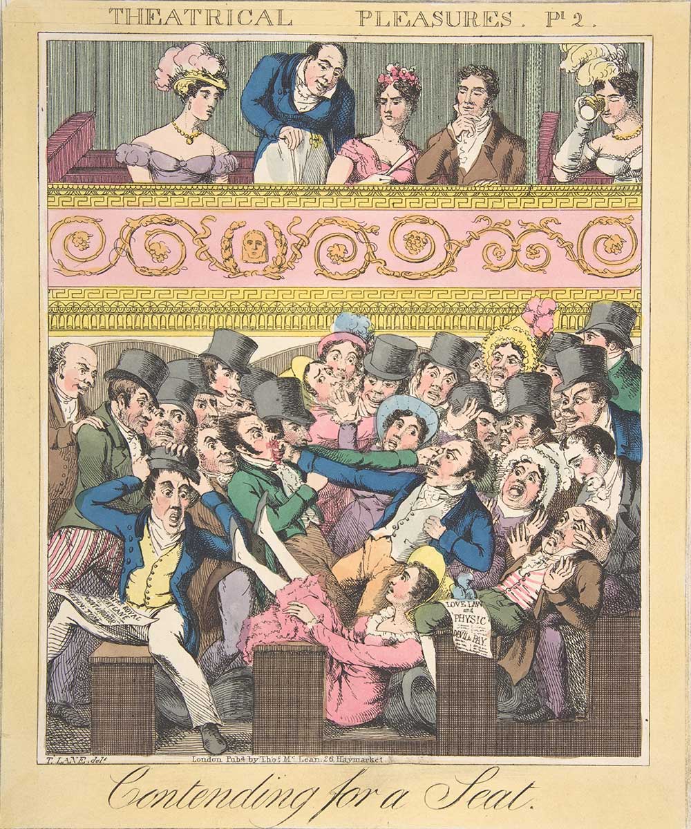 A cartoon on a theater with people fighting for a seat in the cheap seats section. The more affluent people above them looking on in bemusement.