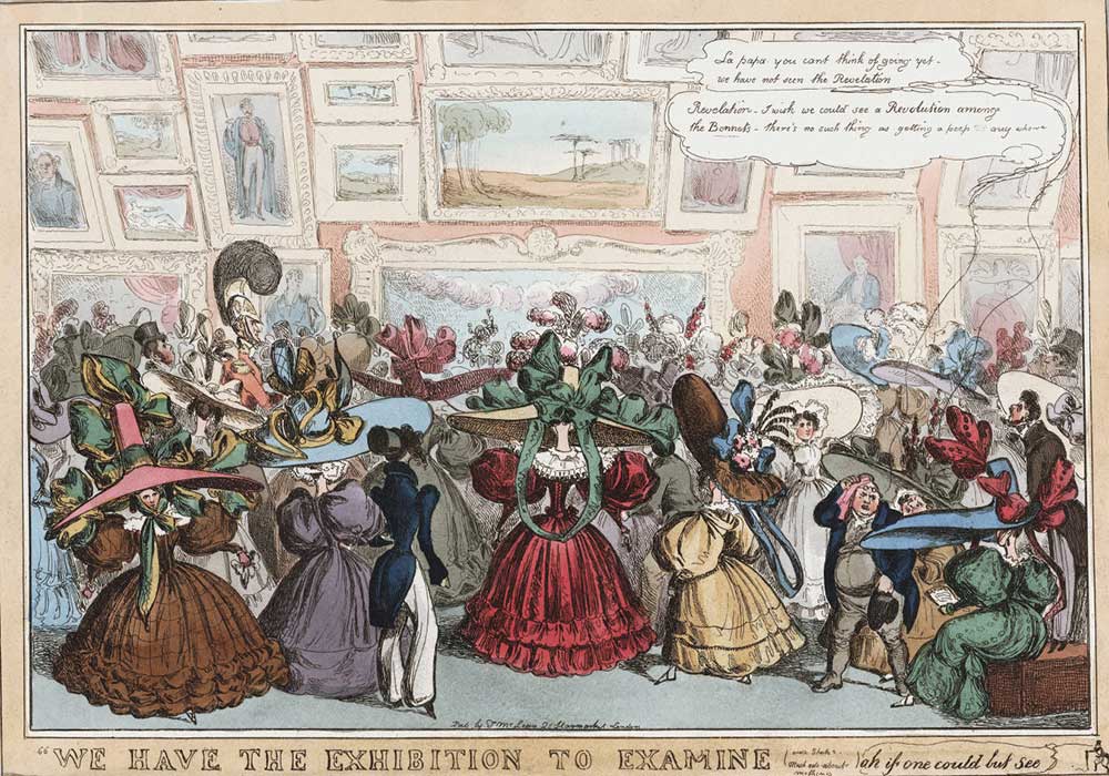 A cartoon on an exhibition to examine, hindered by oversized fashionable hats of the lady visitors
